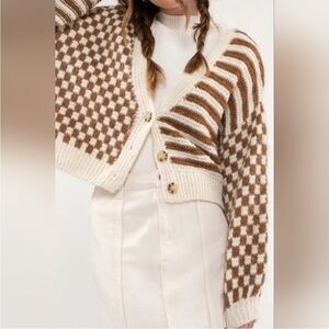 NWOT Blu Pepper fuzzy striped and checkered cropped cardigan sweater